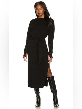 LPA Ribbed Long Sleeve Tie Waist Dress Black Midi Small